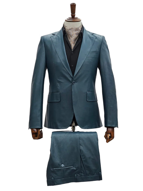 Mens 1 Button Slim Fit Leather Suit Blue