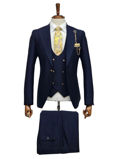 Giovanni Testi Navy Blue 3 Piece Suit β Slim Fit 1 Button Peak Lapel with Double Breasted Vest