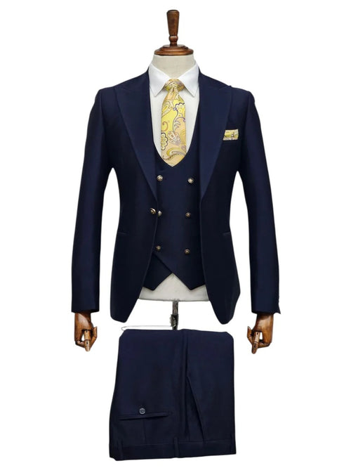 Giovanni Testi Navy Blue 3 Piece Suit β Slim Fit 1 Button Peak Lapel with Double Breasted Vest