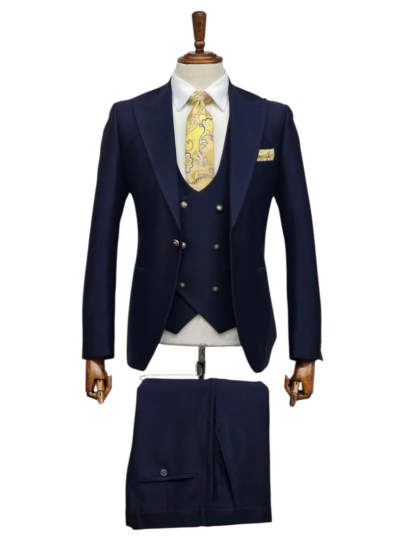Giovanni Testi Navy Blue 3 Piece Suit β Slim Fit 1 Button Peak Lapel with Double Breasted Vest