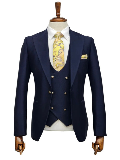 Giovanni Testi Navy Blue 3 Piece Suit β Slim Fit 1 Button Peak Lapel with Double Breasted Vest
