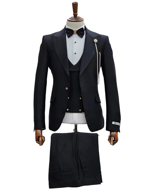 Mens Giovanni Testi Black Slim Fit 3 Piece Suit β One Button Peak Lapel, Double Breasted Vest, Modern Center Vent