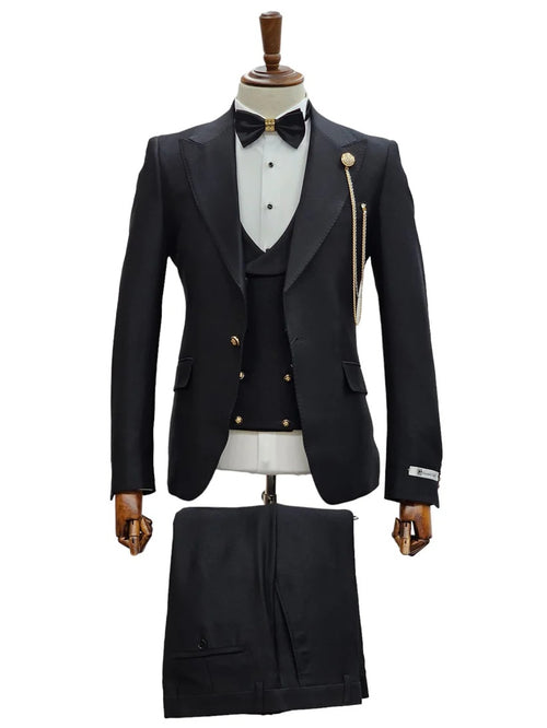 Mens Giovanni Testi Black Slim Fit 3 Piece Suit β One Button Peak Lapel, Double Breasted Vest, Modern Center Vent