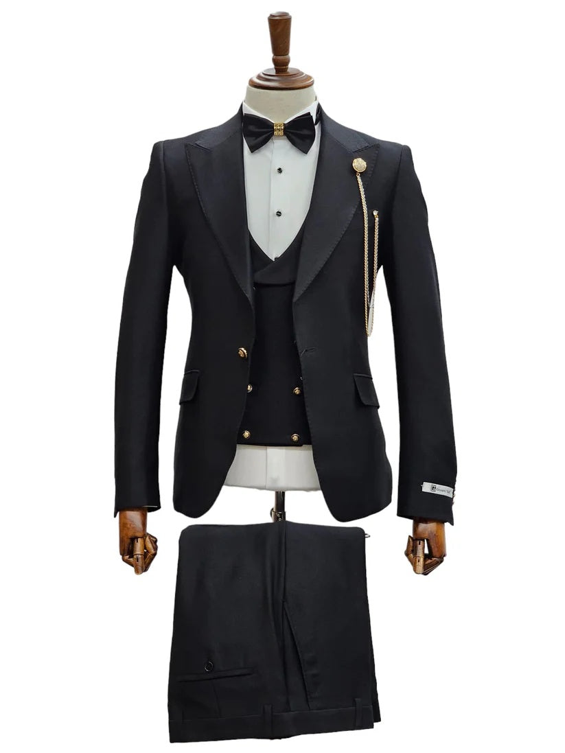 Mens Giovanni Testi Black Slim Fit 3 Piece Suit – One Button Peak Lapel, Double Breasted Vest, Modern Center Vent