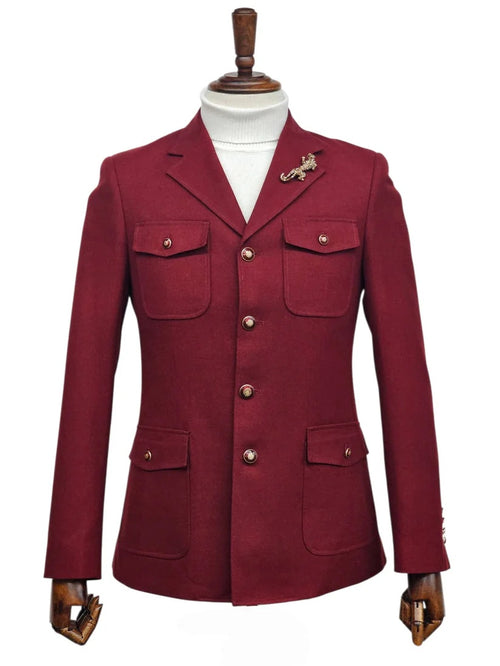 Mens Giovanni Testi 2 Piece Burgundy Suit β Slim Fit 4 Button Blazer with Notch Lapel & Flap Pockets