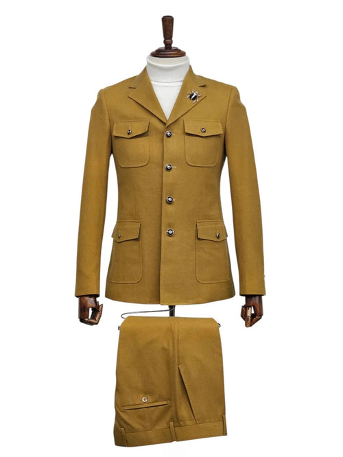 Mens Giovanni Testi Slim Fit 2 Piece Suit Mustard β 4 Button Notch Lapel & Flap Pockets