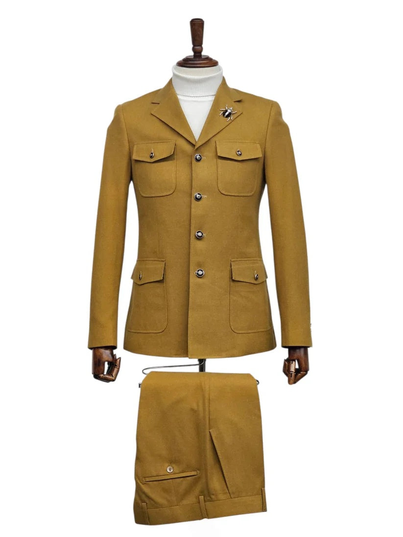 Mens Giovanni Testi Slim Fit 2 Piece Suit Mustard β 4 Button Notch Lapel & Flap Pockets