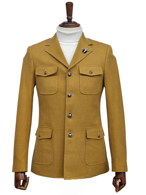 Mens Giovanni Testi Slim Fit 2 Piece Suit Mustard β 4 Button Notch Lapel & Flap Pockets