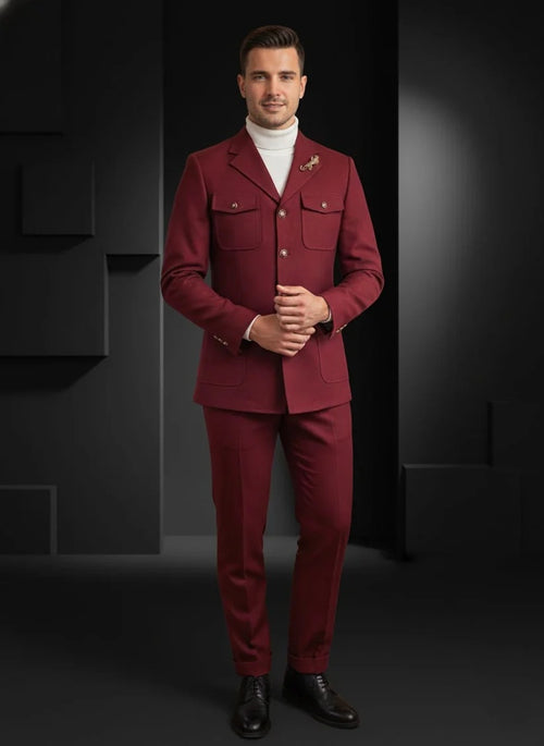 Mens Giovanni Testi 2 Piece Burgundy Suit β Slim Fit 4 Button Blazer with Notch Lapel & Flap Pockets