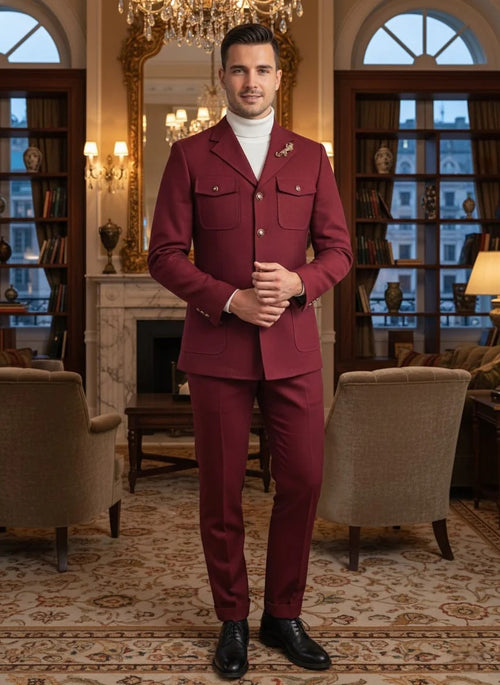 Mens Giovanni Testi 2 Piece Burgundy Suit β Slim Fit 4 Button Blazer with Notch Lapel & Flap Pockets
