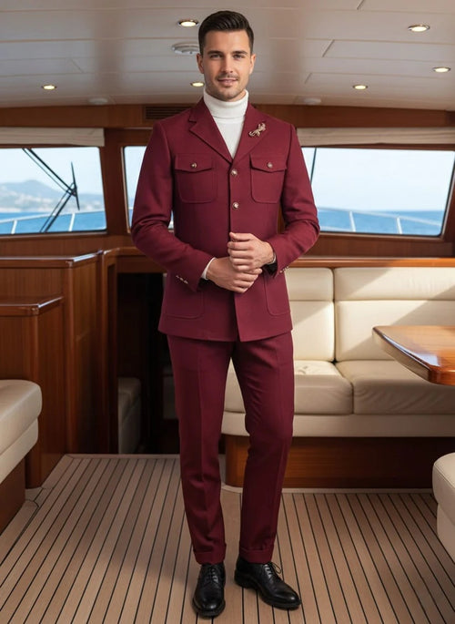 Mens Giovanni Testi 2 Piece Burgundy Suit β Slim Fit 4 Button Blazer with Notch Lapel & Flap Pockets