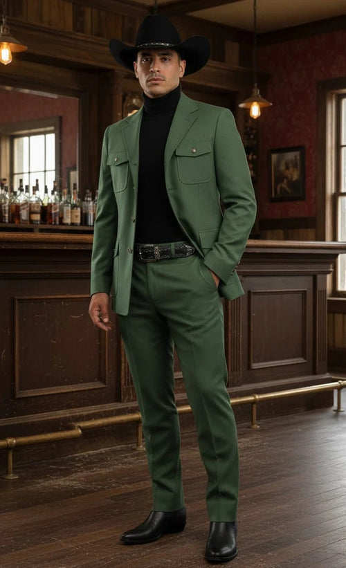 Mens Giovanni Testi Slim Fit Green Suit β 2 Piece 4 Button Formal Suit with Notch Lapel