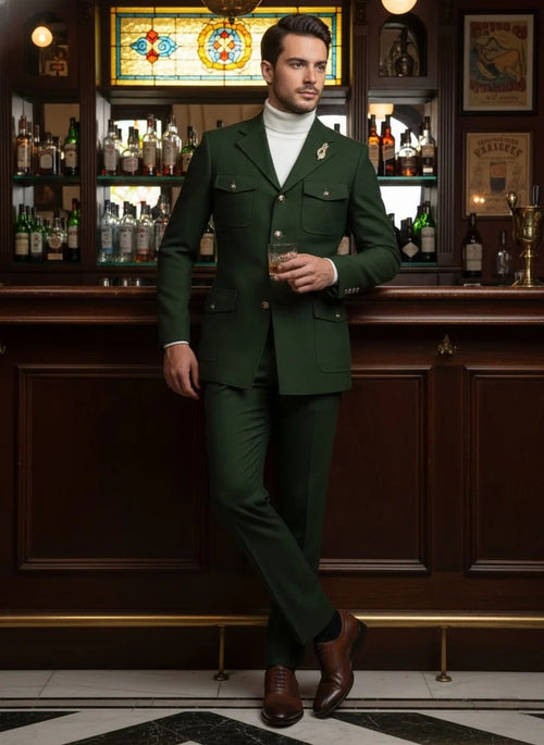 Mens Giovanni Testi Slim Fit Green Suit β 2 Piece 4 Button Formal Suit with Notch Lapel