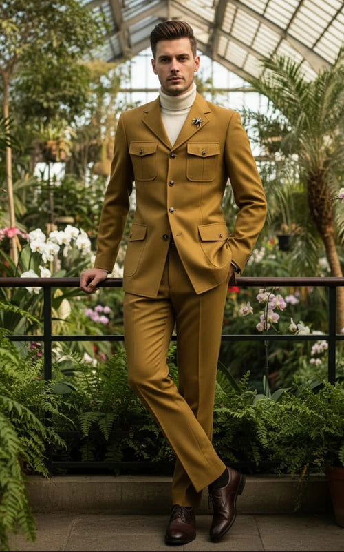 Mens Giovanni Testi Slim Fit 2 Piece Suit Mustard β 4 Button Notch Lapel & Flap Pockets