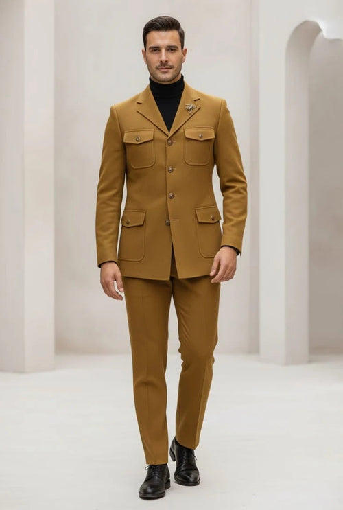 Mens Giovanni Testi Slim Fit 2 Piece Suit Mustard β 4 Button Notch Lapel & Flap Pockets