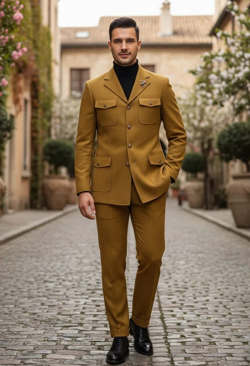 Mens Giovanni Testi Slim Fit 2 Piece Suit Mustard β 4 Button Notch Lapel & Flap Pockets