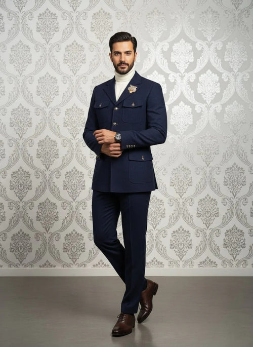 Mens Giovanni Testi 2 Piece Slim Fit Suit in Dark Blue β Classic 4 Button Notch Lapel Dress Suit