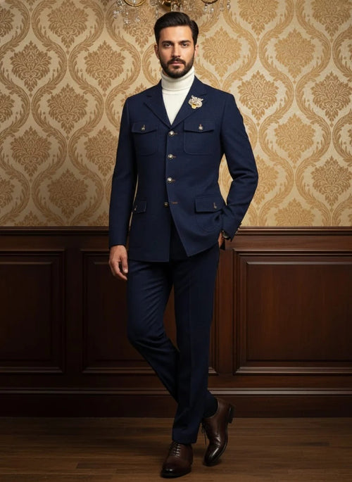 Mens Giovanni Testi 2 Piece Slim Fit Suit in Dark Blue β Classic 4 Button Notch Lapel Dress Suit