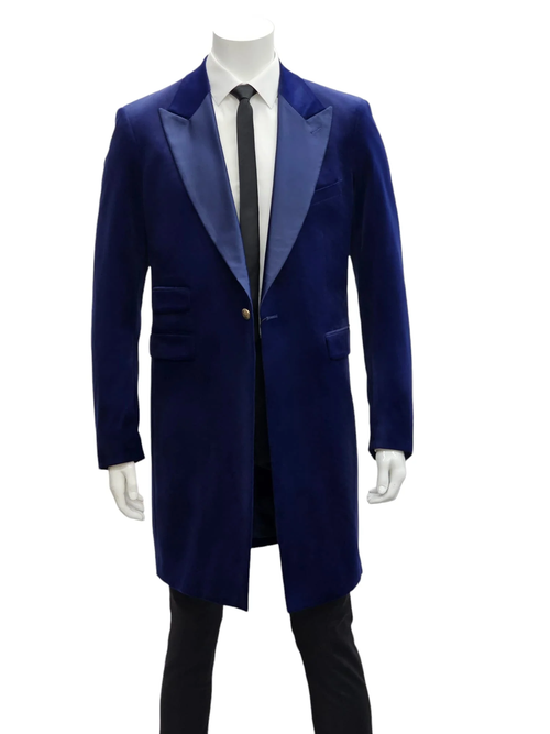 Mens Navy Velvet Victorian Tailcoat Tuxedo – Three Quarter Length Cutaway Stage And Wedding Jacket