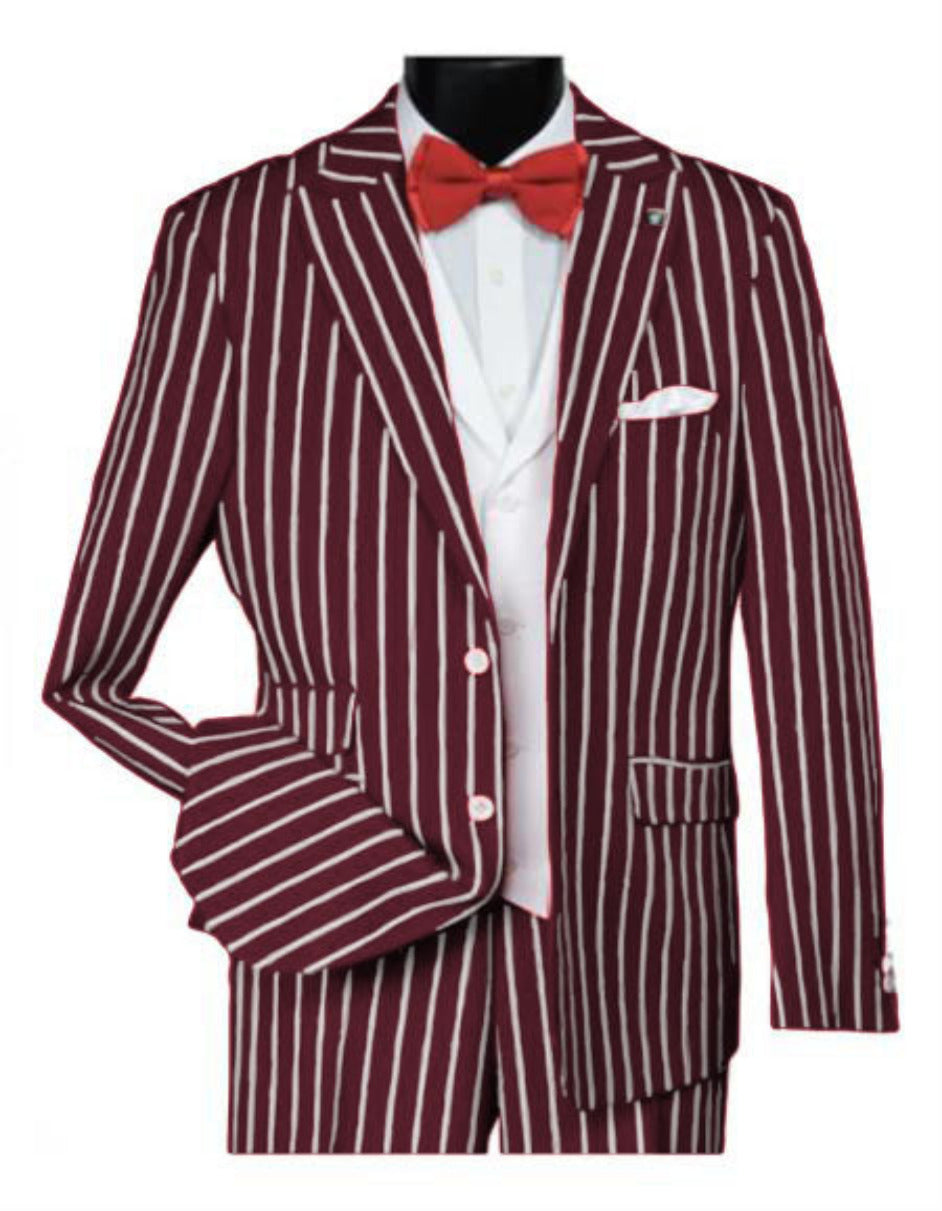 1920s Mens Vested Bold Gangster Pinstripe Suit in Burgundy