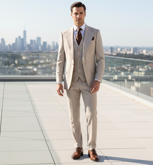 Men’s Cream Beige Windowpane 3-Piece Suit Set – Premium Tailored Fit Formal Wedding & Event Plaid Suit Light Cream Sand Color By Rossiman RM2314