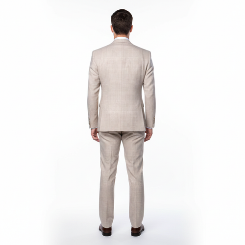 Men’s Cream Beige Windowpane 3-Piece Suit Set – Premium Tailored Fit Formal Wedding & Event Plaid Suit Light Cream Sand Color By Rossiman RM2314