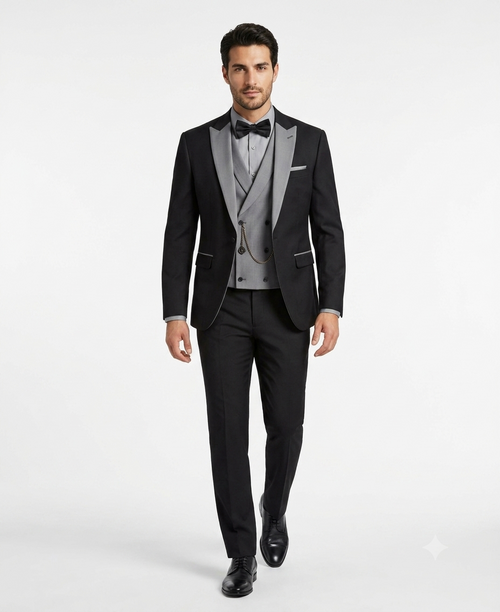 Men’s Black And White Lapel 3 Piece Tuxedo Suit with Silver Gray Satin Lapel | Formal Wedding Prom Suit Set