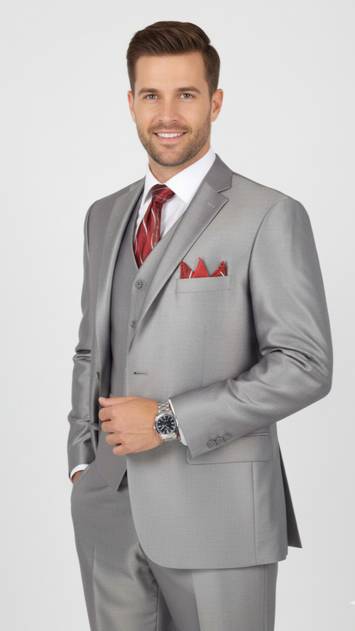 Mens Classic Vested Shiny Sharkskin Suit in Grey