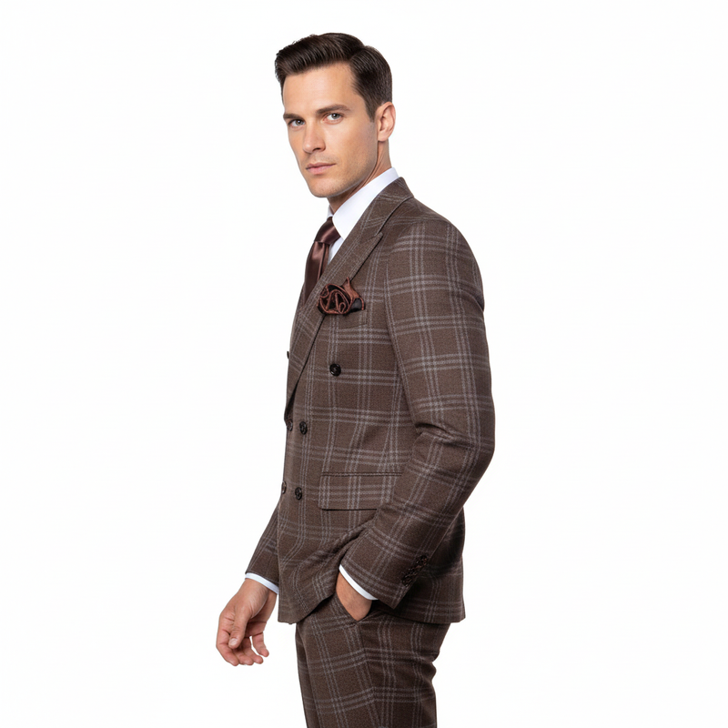 Men’s Brown Windowpane Double-Breasted 2-Piece Suit – Classic Tailored Fit Business & Formal Check Suit By Rossiman RM1798