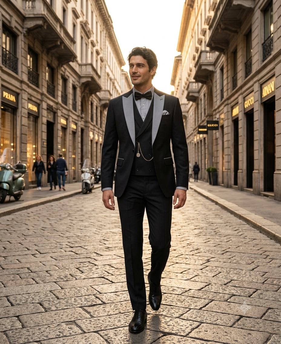 Menβs Black And White Lapel 3 Piece Tuxedo Suit with Silver Gray Satin Lapel | Formal Wedding Prom Suit Set