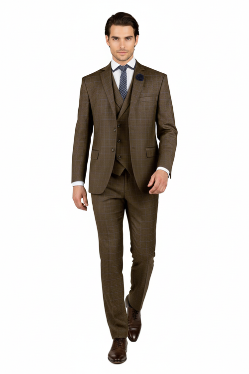 "Elevate Your Prom and Wedding Style: Vinci Men's Taupe Plaid Double-Breasted Suit Vest"