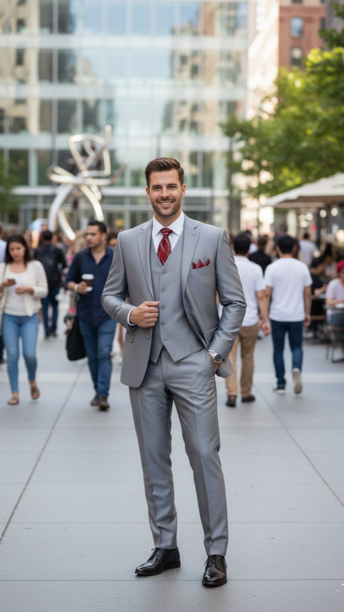 Mens Classic Vested Shiny Sharkskin Suit in Grey