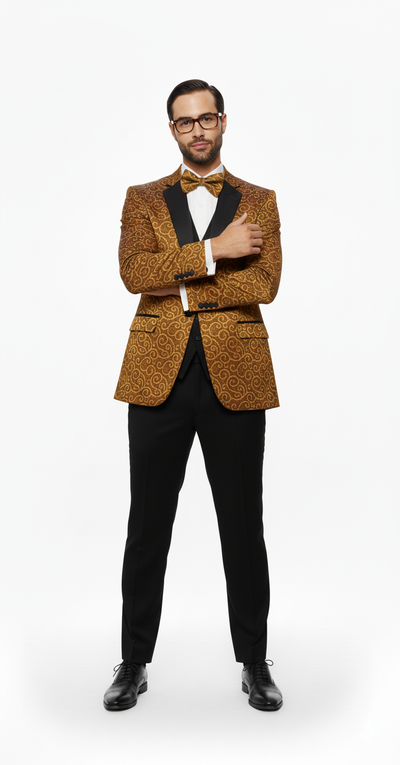 Big and Tall Size Tuxedo Dinner Jacket - Paisley Fabric Blazer in Color Gold