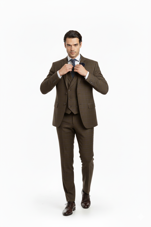 "Elevate Your Prom and Wedding Style: Vinci Men's Taupe Plaid Double-Breasted Suit Vest"