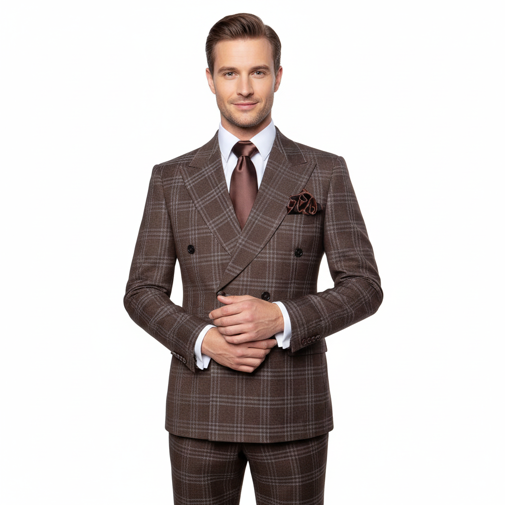 Men’s Brown Windowpane Double-Breasted 2-Piece Suit – Classic Tailored Fit Business & Formal Check Suit By Rossiman RM1798
