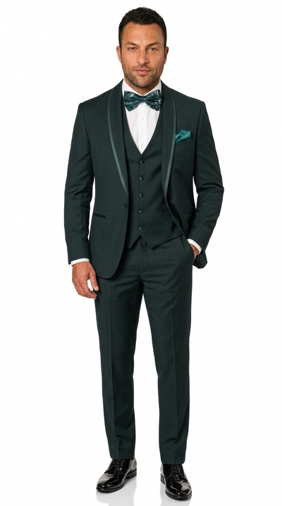 3-Piece Hunter Tuxedo with Bow Tie and Flat Front Pants - Hunter