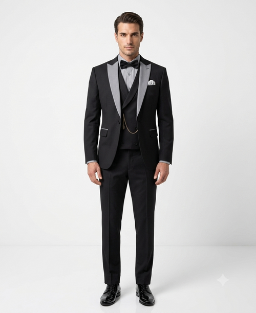 Men’s Black And White Lapel 3 Piece Tuxedo Suit with Silver Gray Satin Lapel | Formal Wedding Prom Suit Set