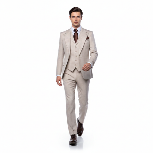 Men’s Cream Beige Windowpane 3-Piece Suit Set – Premium Tailored Fit Formal Wedding & Event Plaid Suit Light Cream Sand Color By Rossiman RM2314