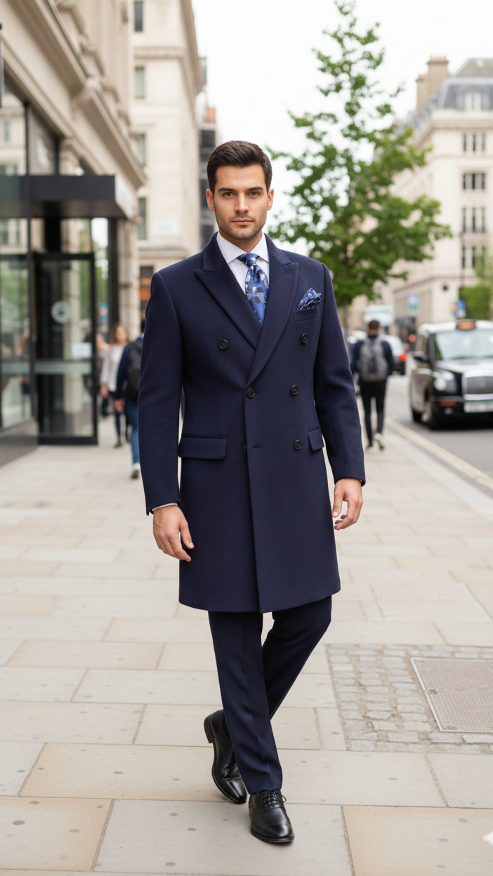 "Sophisticated Navy Wool Overcoat for Prom Nights and Wedding Celebrations"