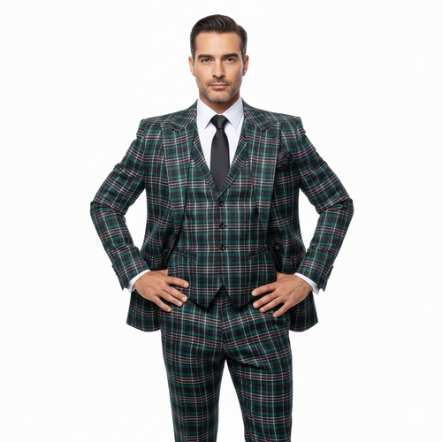 Men’s Green Tartan Plaid 3-Piece Suit Set – Premium Regular Fit Formal Check Pattern Wedding & Holiday Event Suit By Rossiman RM2311