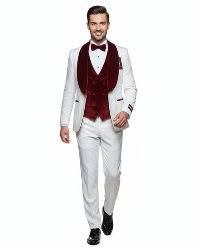White with Burgundy Velvet Lapel 3-Piece Tailored-Fit Tuxedo