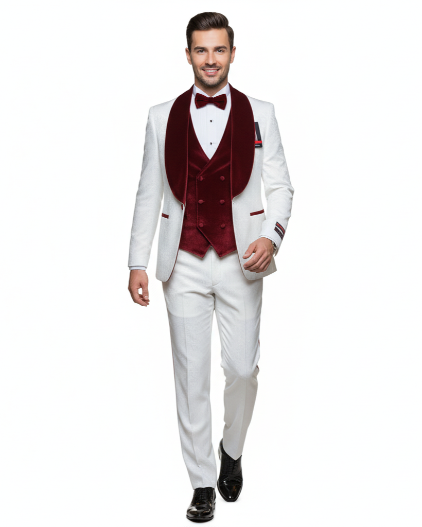 White with Burgundy Velvet Lapel 3-Piece Tailored-Fit Tuxedo