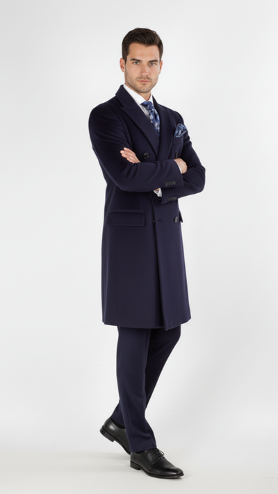 "Sophisticated Navy Wool Overcoat for Prom Nights and Wedding Celebrations"