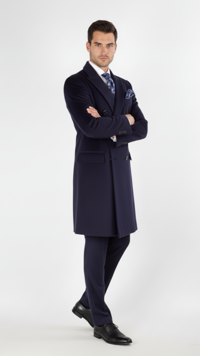 "Sophisticated Navy Wool Overcoat for Prom Nights and Wedding Celebrations"