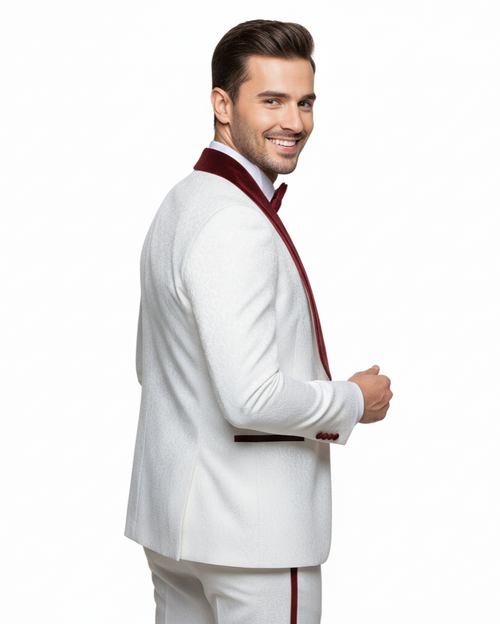 White with Burgundy Velvet Lapel 3-Piece Tailored-Fit Tuxedo