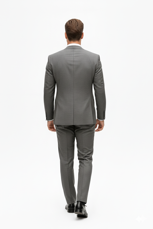 "Elevate Your Prom or Wedding Style: Vinci's Classic Pinstripe Suit with Pleated Pants in Sophisticated Gray"