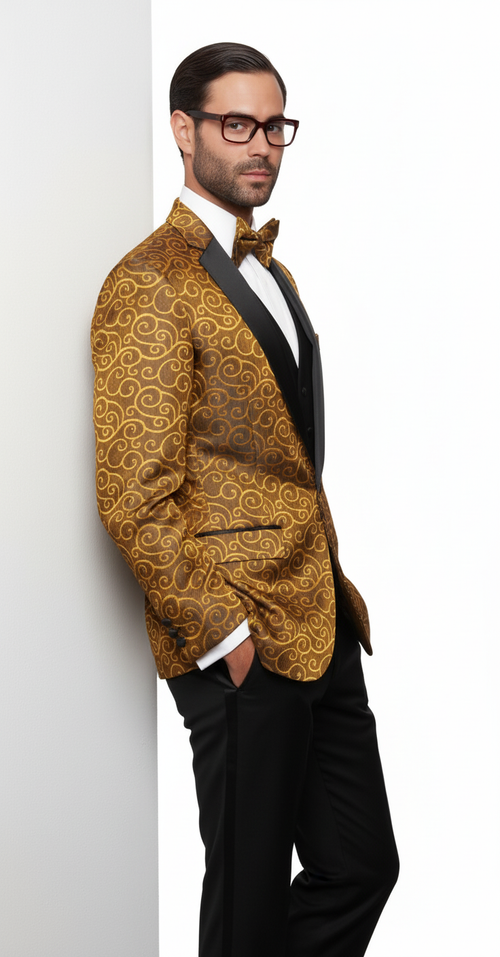 Big and Tall Size Tuxedo Dinner Jacket - Paisley Fabric Blazer in Color Gold