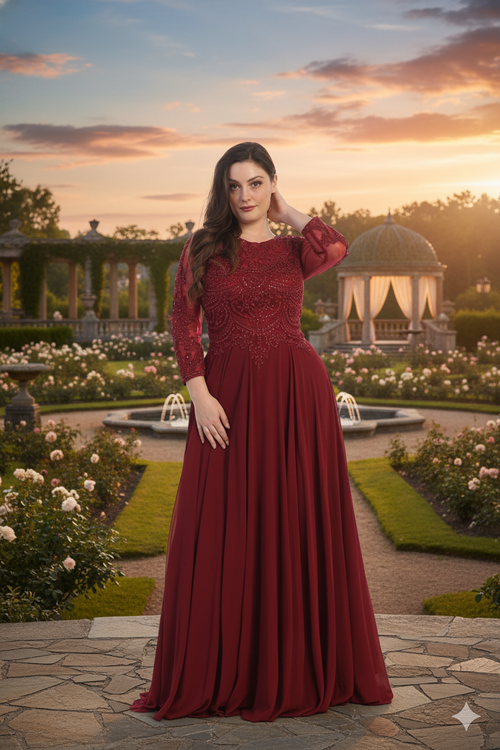 Mother of the Bride Dress 3/4 Long Sleeves Chiffon A-Line Evening Gown-New Collection