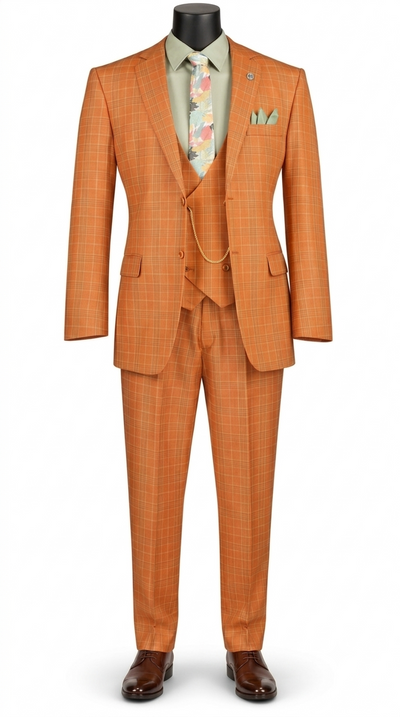 Men’s Classic Fit Glen Plaid 3 Piece Suit with Adjustable Waistband - Rust