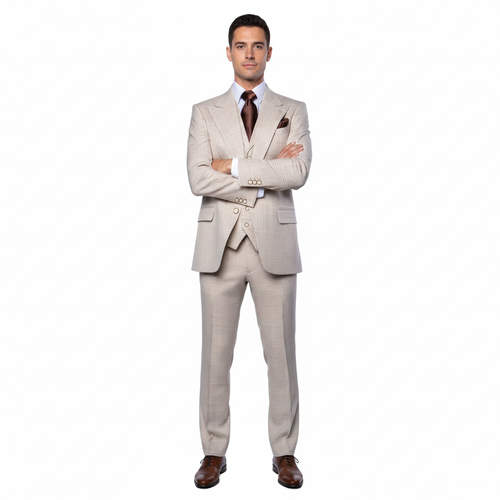 Men’s Cream Beige Windowpane 3-Piece Suit Set – Premium Tailored Fit Formal Wedding & Event Plaid Suit Light Cream Sand Color By Rossiman RM2314